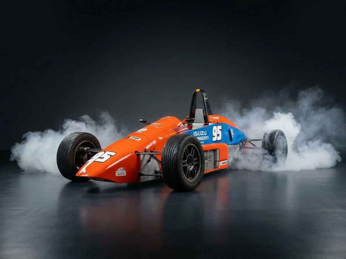 Monoposto di Formula Junior arancione e blu con il numero 95 nel fumo