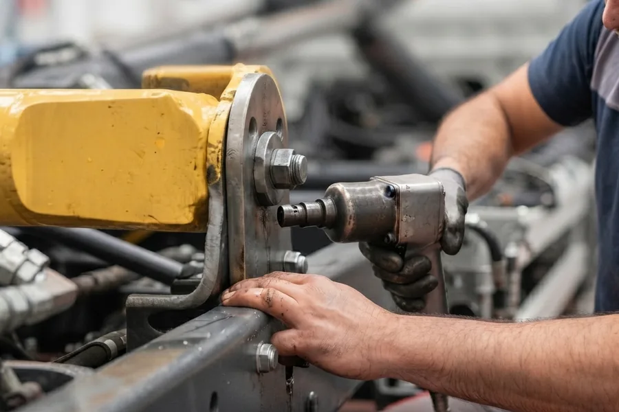 Meccanico al lavoro sotto il veicolo in officina